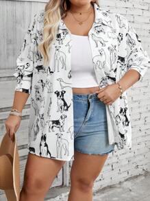 SHEIN CURVE+ Áo sơ mi cổ bẻ in họa tiết động vật dài tay cỡ lớn cho nữ - Đen và trắng - Xem 5