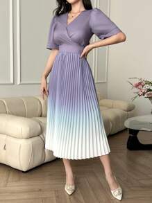 DAZY 女式 V 领渐变色泡泡袖褶腰中长连衣裙太阳裙 - 藍色 - 查看 6