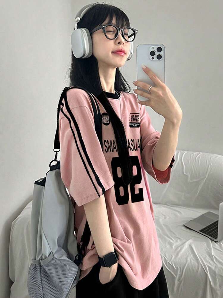 Women Colorblock Short Sleeve Letter Print Oversized T-Shirt, Spring/Summer Graphic Tees Women