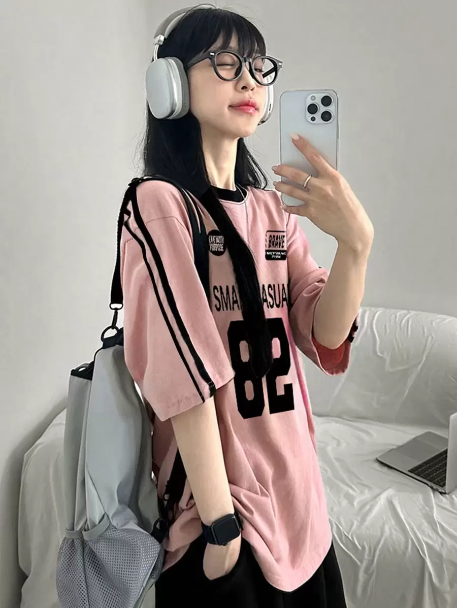 DAZY 女士拼色短袖字母印花宽松 T 恤，春夏