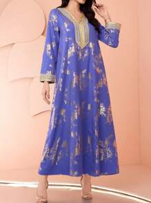 Al Najma 女士优雅网眼拼布 V 领花卉印花长袖连衣裙 - 藍色 - 查看 1