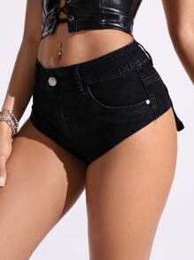 SHEIN EZwear 女士时尚性感低腰迷你牛仔短裤 - 黑色 - 查看 7