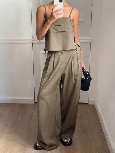 DAZY 2 Peças Conjunto Antigo Dinheiro Cor Sólida de Verão Camiseta Justa e Calça Perna Larga para Mulheres