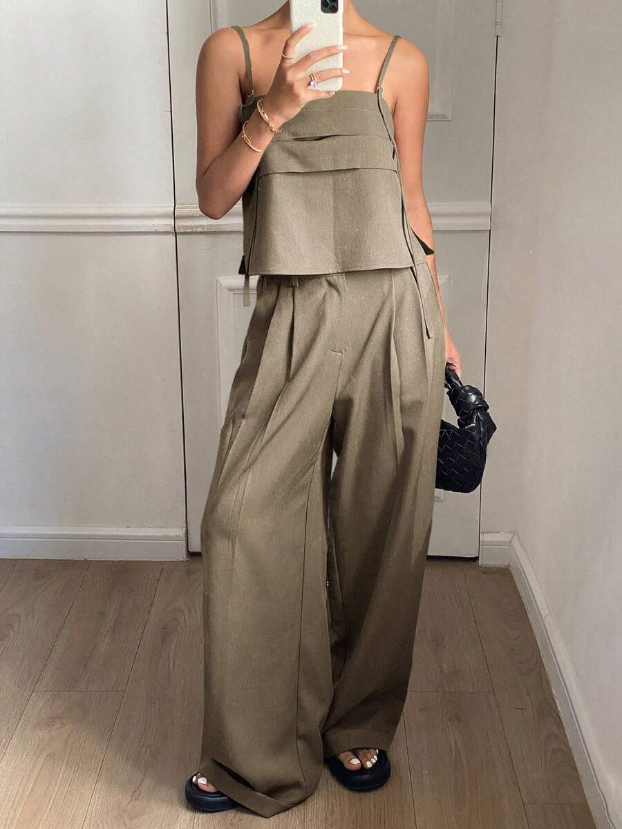 DAZY 2pcs Set Old Money Summer Solid Color Fitted Camisole & Wide Leg Pants For Women - Light Grey - View 1