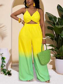 Slaydiva Combinaison / Barboteuse d'été pour femmes, grande taille / tenue occidentale, avec bloc de couleurs, torsion sur la poitrine, jambes larges / baggy, fluide / pantalon palazzo, bretelles fines