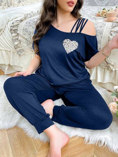 Plus Size Women Design Short Sleeve T-Shirt, Sexy Open Shoulder Casual Comfortable Pajama Set, Outfits