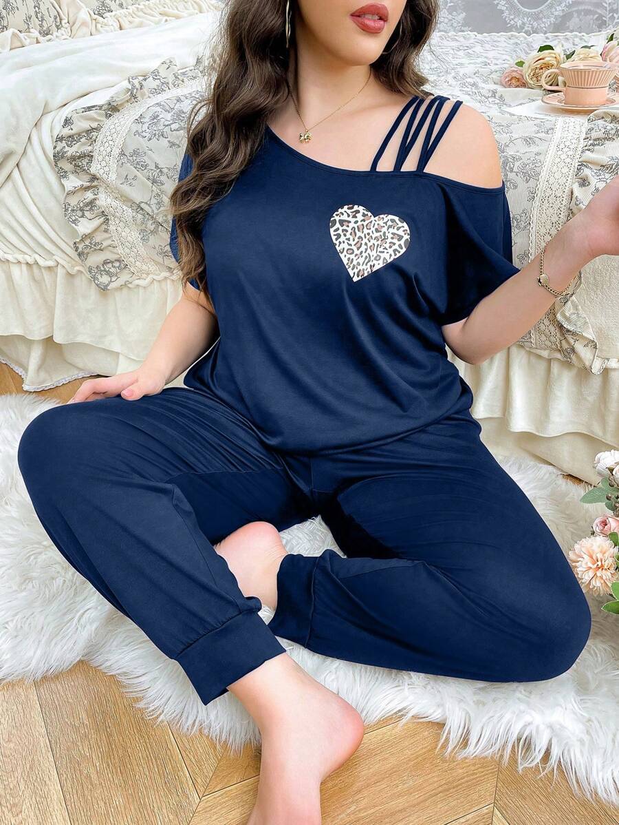 Plus Size Women Design Short Sleeve T-Shirt, Sexy Open Shoulder Casual Comfortable Pajama Set, Outfits - Navy Blue - View 1