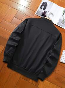 Manfinity Homme Plus Size Men's Solid Color Long Sleeve Zip Front Casual Jacket Varsity Jacket Zip Up Shirt Men Zip Ups Men Zipper Men Men Jackets Casual Jackets For Men Fashion - Black - View 2