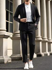 Manfinity Mode Men's Plain Lapel Neck Long Sleeve Top And Pants Suit Set,Men's Business Casual Printed Plaid Double-Breasted Suit Jacket And Trousers Set, Two-Piece Outfit Men Formal Outfit Men Dress Outfit Suits For Men Men Formal Wear Men Suit Formal - Black - View 8