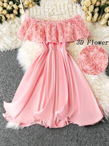 SHEIN LUNE Plus Size Women's Sexy Off Shoulder Rose 3D Flower Print Mini Dress, Pink, Sweet And Suitable For Dates, Casual Wear In Spring/Summer