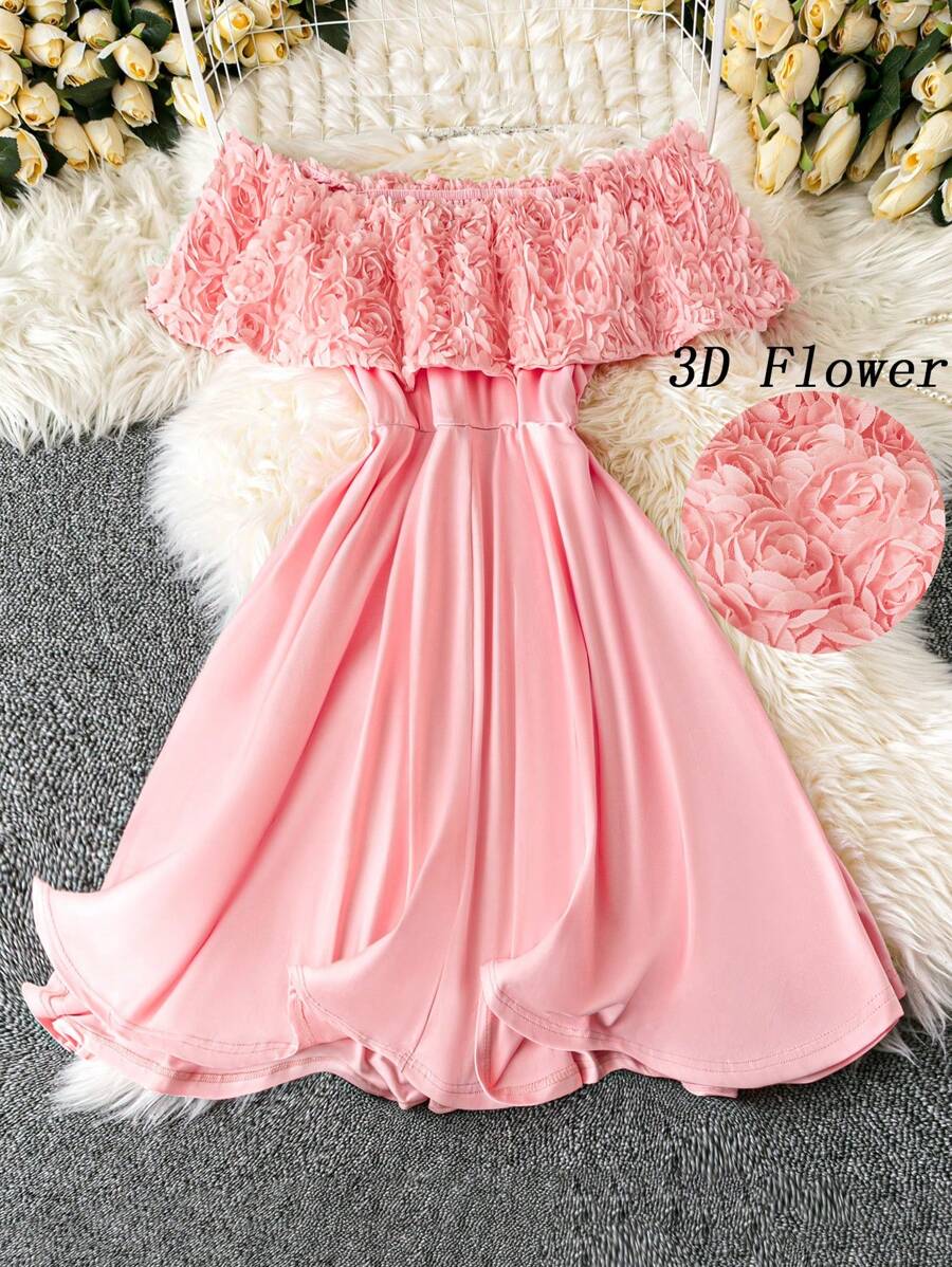 SHEIN LUNE Plus Size Women's Sexy Off Shoulder Rose 3D Flower Print Mini Dress, Pink, Sweet And Suitable For Dates, Casual Wear In Spring/Summer