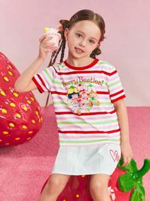 Strawberry Shortcake X SHEIN Maglietta a maniche corte con grafica a righe e cartoni animati per ragazza, estiva