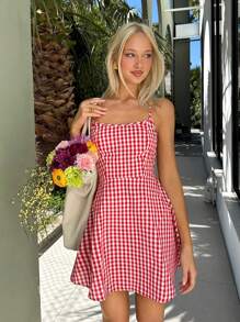 SHEIN EZwear 女士格纹印花露背系带休闲吊带连衣裙 - 紅色 - 查看 2