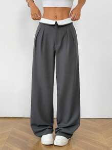 SHEIN EZwear Sommer Büro Vintage Stil Anzughose mit kontrastfarbigem Faltenüberschlag-Taillenbund und Midi-Taille - Grau - Übersicht 1