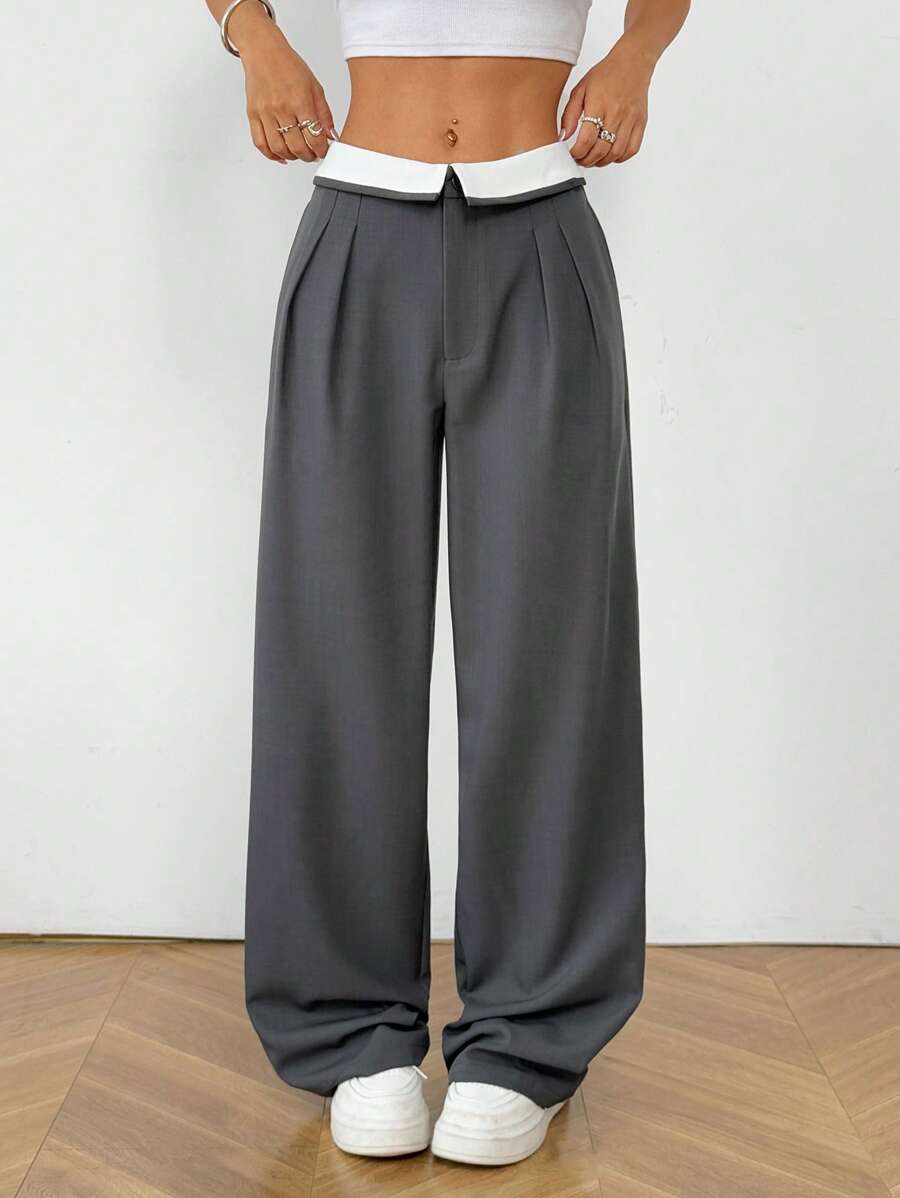 SHEIN EZwear Sommer Büro Vintage Stil Anzughose mit kontrastfarbigem Faltenüberschlag-Taillenbund und Midi-Taille - Grau - Übersicht 1