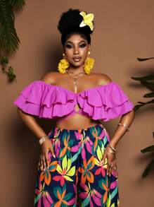 Maweii Completo donna taglie forti composto da top corto con spalle scoperte e volant e pantaloni a fantasia floreale, outfit sexy da vacanza in spiaggia di due pezzi - Viola - Visualizzare 2