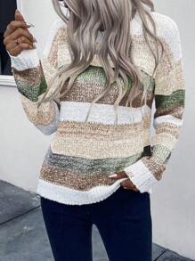 Chiquease Mixed Color Block Crew Neck Casual Pullover Long Sleeve Sweater Knit Pullover Fall Winter Outfit - Multicolor - View 5