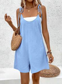 Breezaya One-Piece Solid Color Washed Cotton Round Neck Pearl Jumpsuit, Resort Wear - Blue - View 5