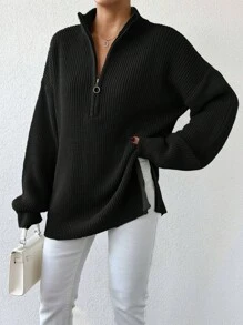 EURMUSE Women's Zippered Half Placket Drop Shoulder Long Sleeve Sweater - Black - View 3