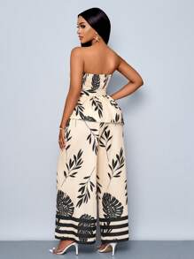 SOLERSUN 春夏女装优雅优雅度假约会抹胸和高腰长裤热带度假图案女式两件套夏季服装女士沙滩装乡村演唱会服装纳什维尔服装。（上衣：随机花卉图案，裤子：印花）