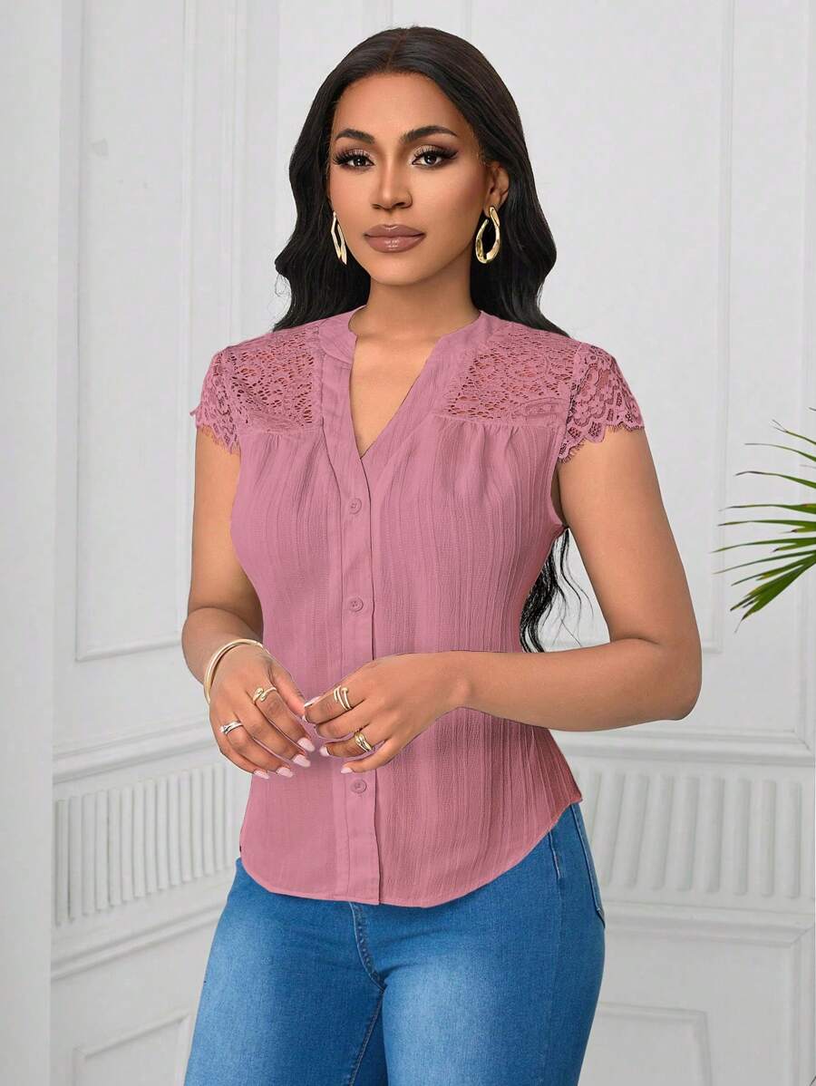 Lunelith SHEIN Lunessa 优雅蕾丝拼接波浪短袖女式衬衫