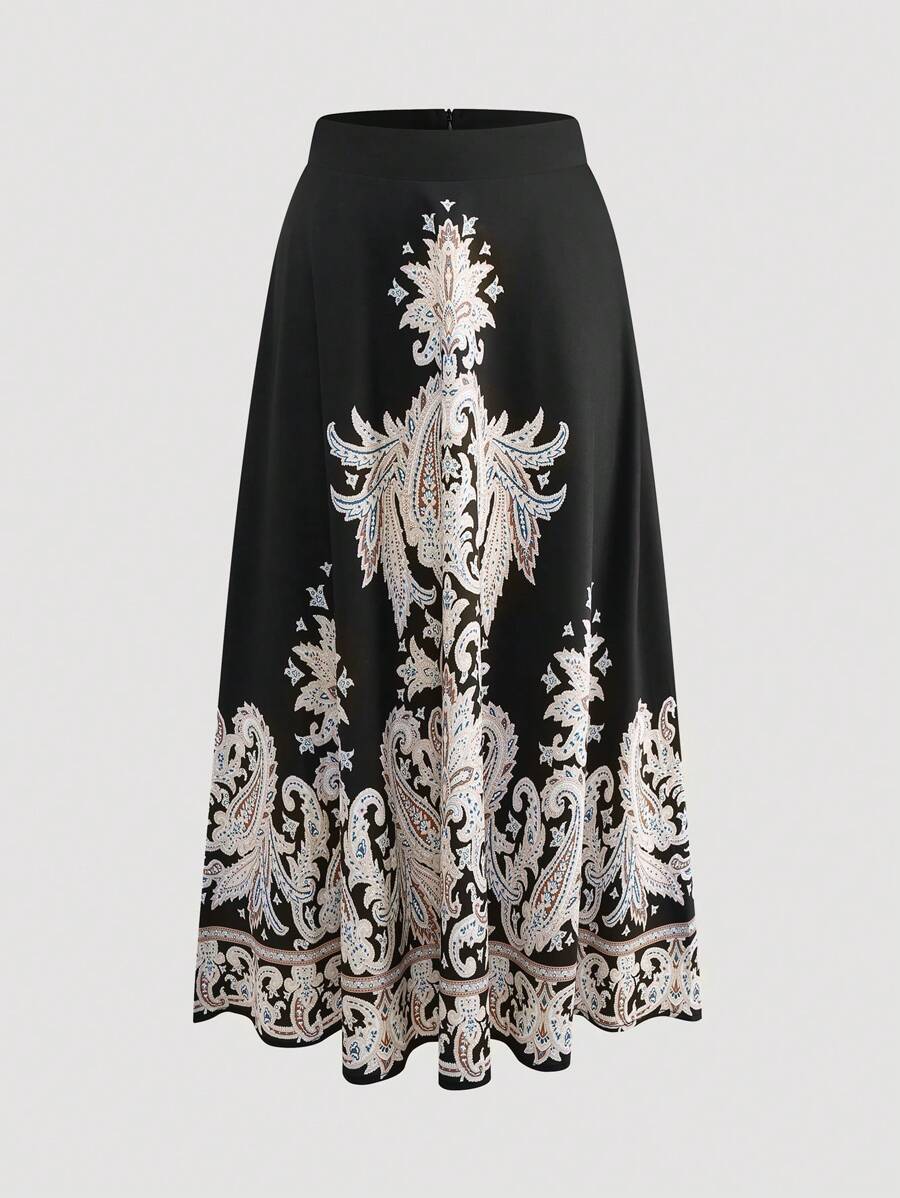 SHEIN LUNE 女士休闲腰果印花后背拉链设计优雅 A 字裙 - 彩色 - 查看 1