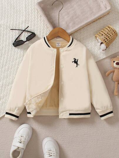SHEIN Young Boy Figure & Horse Print Striped Trim Thermal Lined Varsity Jacket Chic Outfits For Autumn/Winter