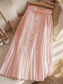 SHEIN Clasi Gonna casual da ufficio in tinta unita con arricciatura in vita e decorazione con fibbia in metallo, taglia standard da donna