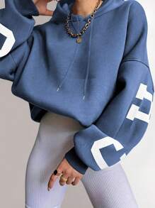 INAWLY Letter Printed Long Sleeve Hoodie,Ladies Spring/Fall Casual Drawstring Wrist-Length Sleeve Hooded Regular Fit Regular Blue Drop Shoulder Pullovers Women Hoodies Graduation,Back To School Outfits,Graduation,Teacher Outfits For Women,Back To School - Blue - View 2