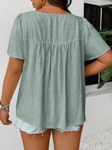 SHEIN Frenchy Plus Size Women Solid Color Contrast Lace Ruffle Sleeve Blouse - Mint Green - View 2