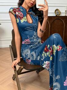 EastFlair 女士花卉与龙印花修身优雅中国风连衣裙