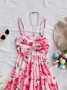 Soleia Vestido camisero con estampado floral, detalle de nudo delantero, corte evasé, vestido para mujer, primavera, Pascua, festividades/Día de San Valentín - Rosa - Ver 4