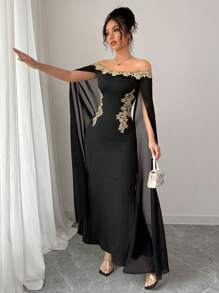 Rafferiza 性感、优雅、百搭日常金色花卉装饰露肩透视披肩、合身腰部金色贴花长款美人鱼下摆紧身连衣裙，适合女士，春夏季 - 黑色 - 查看 3