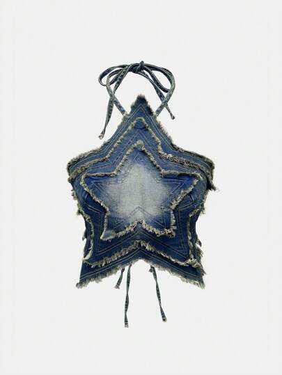 Grunge Punk Punk Distressed Vintage Five-Pointed Star Patch Washed Denim Shirt, Outdoor Adventure