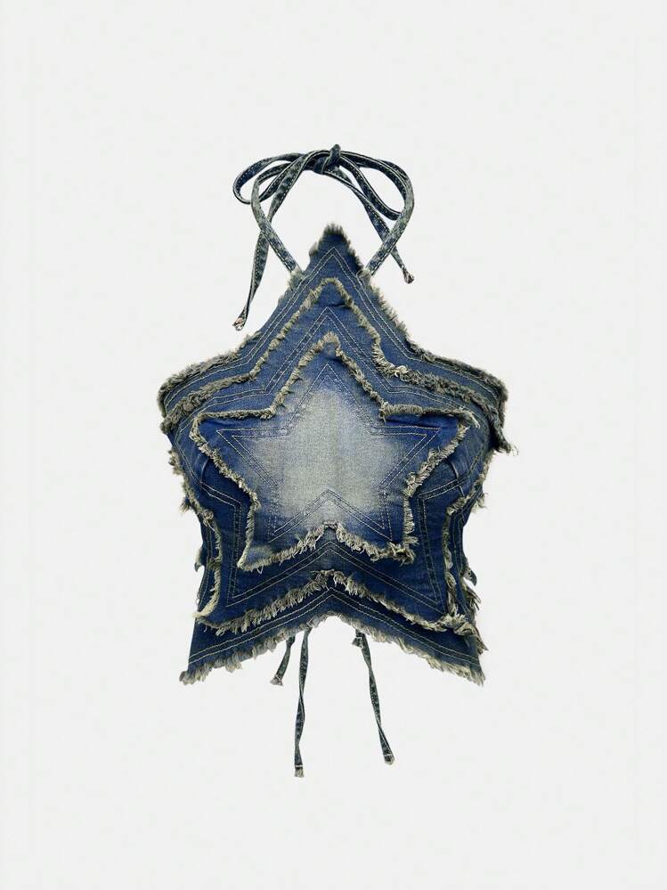 Grunge Punk Punk Distressed Vintage Five-Pointed Star Patch Washed Denim Shirt, Outdoor Adventure - Blue - View 1