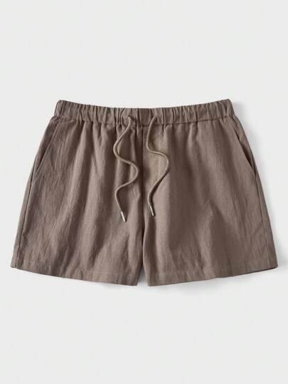 SHEIN Forever 21 Men's Slim Fit Linen Crepe Basic Shorts For Summer, Leisure Vacation/Textured Fabric/Summer Resort Style/Beach Vacation/Linen Shorts