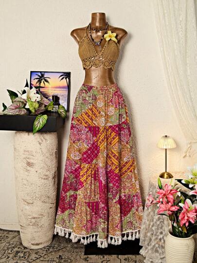 Elamini Bohemian Style Loose Casual Floral Printed Skirt