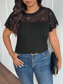 SHEIN Frenchy Plus Size Fashionable Commuter Sequin And Mesh Patchwork T-Shirt