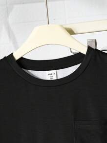 SHEIN Leap Crew 2 件套 Dozemod 儿童青少年男孩都市休闲圆领短袖格子图案宽松家居服裤子睡衣套装 - 黑色 - 查看 3
