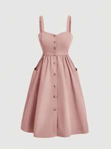 SHEIN MOD Vestido-mono casual con un solo botón, de unicolor y bolsillo grande para mujer de talla grande - Rosa vieja - Ver 1