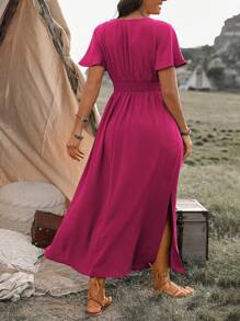 EMERY ROSE Plus Size V-Neck Cinching Waist Split Batwing Sleeve Dress Maxi Women Outfit