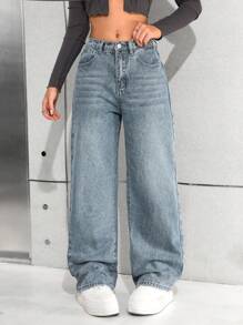 SHEIN 少女Y2K休闲基础款复古蓝色宽松直筒牛仔裤，儿童女孩春夏休闲度假乡村波西米亚风服装，儿童女孩沙滩装，女孩西部街头装，春假服装，锐舞节服装牛仔裤