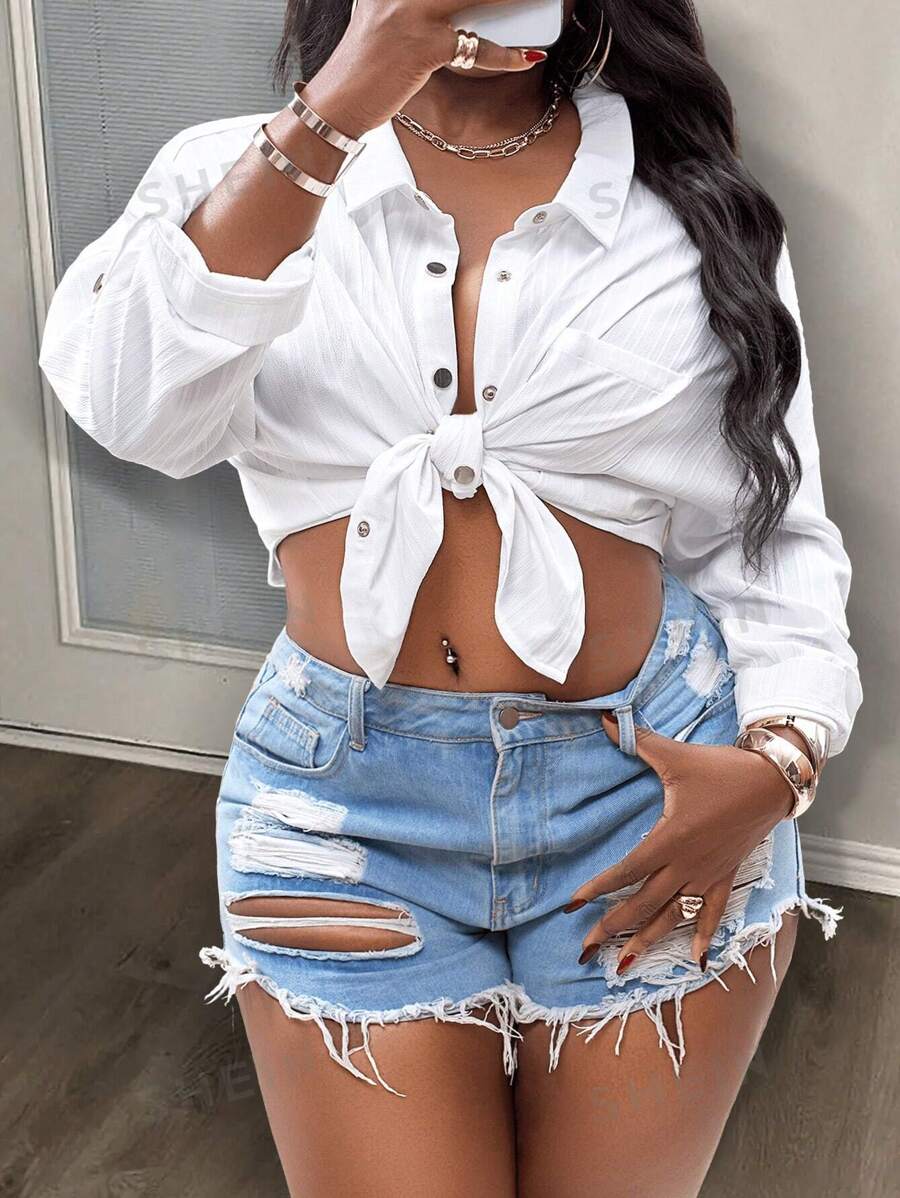 Slaydiva Camisa suelta de talla grande para mujer con textura, para vacaciones, con espalda descubierta