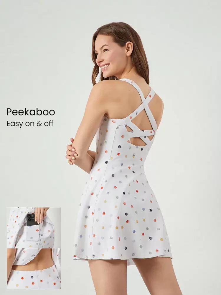 Vestido mini con escote de bolsillo cuadrado, con pantalón corto incorporado, FeatherFit™-Air con efecto peek-a-boo, de soporte ligero, transpirable, de secado rápido y anti-deslizante, ideal para primavera y verano