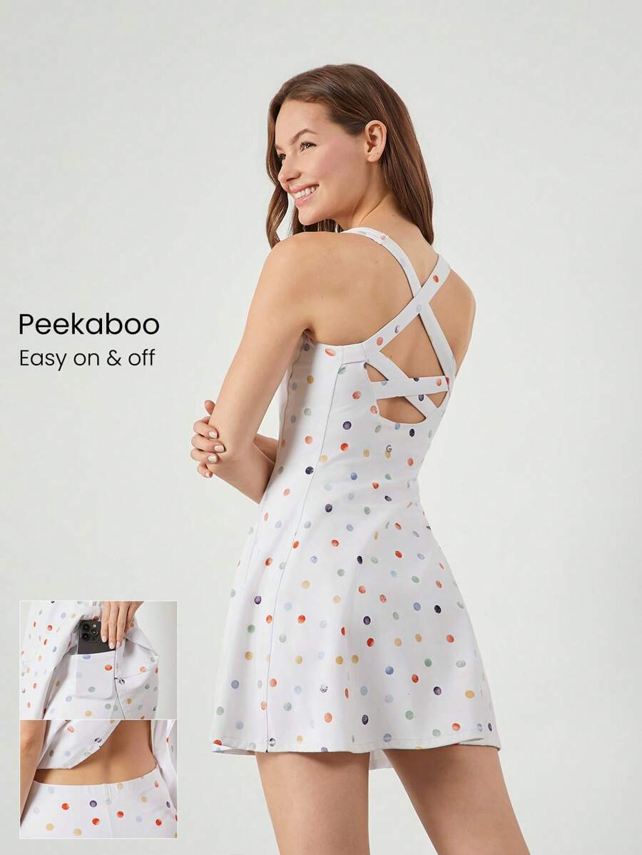 GLOWMODE FeatherFit™-Air Minikleid mit eingebauter Shorts, Quadrathalsausschnitt, rutschfest, Kreuzträger, leichte Unterstützung, geringes Gewicht, schnelltrocknend, feuchtigkeitsableitend, für Frühling und Sommer