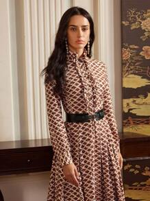 Anewsta Elaire Fashion Retro Metallic Printed Ruffle Hem Dress For Women, Valentine's Day, Vacation, New Year Outfit, Modest Design - Brown - View 4