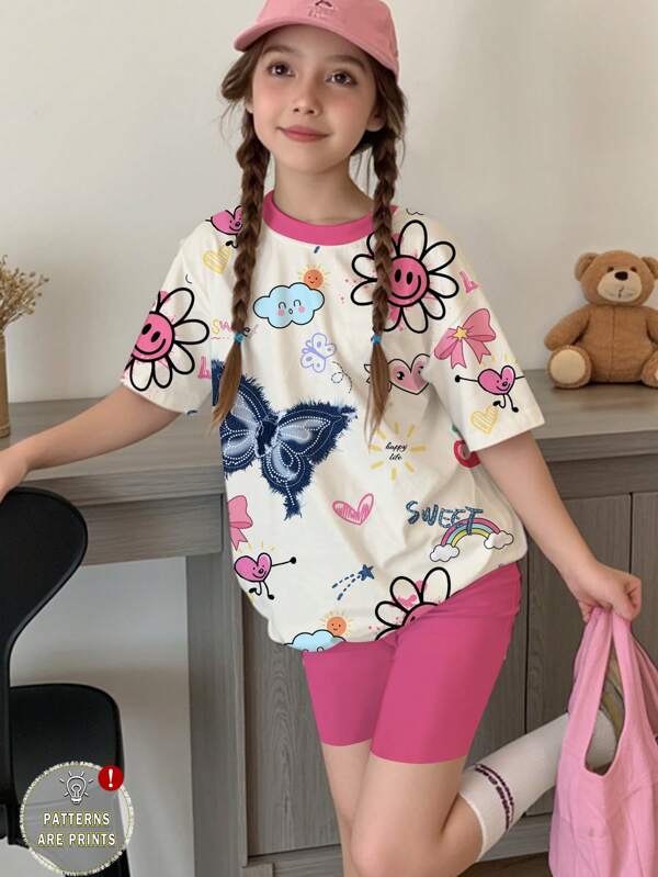 SHEIN Conjunto de 2 piezas de camiseta de manga corta y pantalones cortos con estampado de lacitos y garabatos para niñas preadolescentes, look casual minimalista de verano