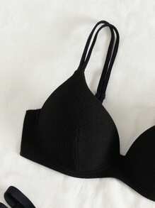 SHEIN 2 件套聚拢女士夏季海滩简约纯色纹理面料细肩带黑色比基尼套装 - 黑色 - 查看 4