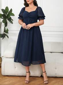 SHEIN Clasi 大码女式褶皱泡泡袖 A 字型优雅连衣裙 - 藏蓝色 - 查看 6