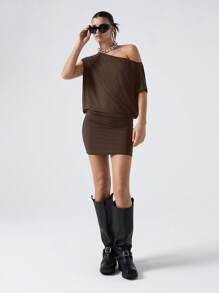 LYSMO Solid Color Asymmetric Collar Loose Fit Short Sleeve Dress - Brown - View 1